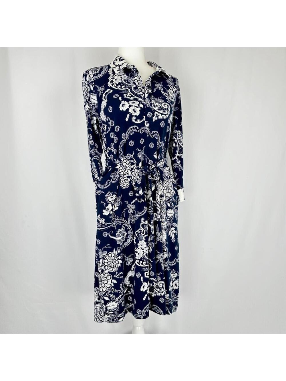 Chico's Popover Belted Navy & White Floral Dress Size: 0 - Sm/4